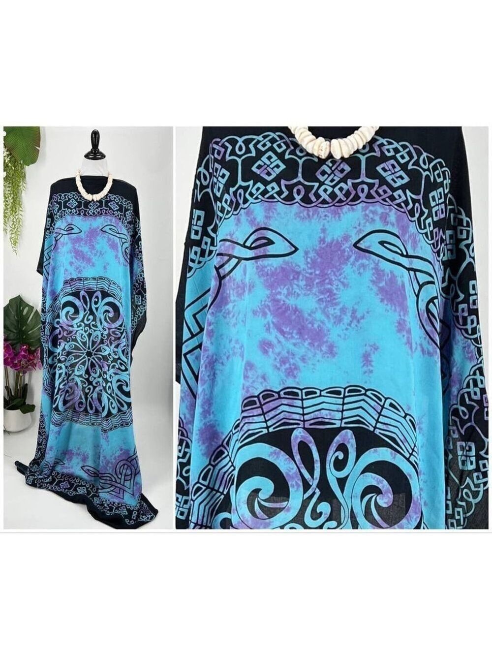 Blue Purple Tie Dye Black Mandala Maxi Sarong Kīkepa Pareo Beach Wrap Skirt